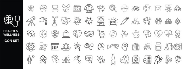 Medical and Pharmaceutical icon set with stethoscope, syringe, pill, medical cross, heart, bandage, thermometer, medical bag, hospital, doctor icon. Simple flat vector , Health & Wellness  icon set 