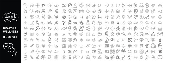 Wellness Icons vector illustration with thin line editable stroke contains relaxation, yoga, health, spa, wellbeing, gratitude, achievable goal, herbal medicine, personal growth, meditation, nutrition