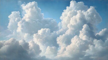 A serene depiction of fluffy, white clouds against a soft blue sky, evoking a sense of calm and tranquility.