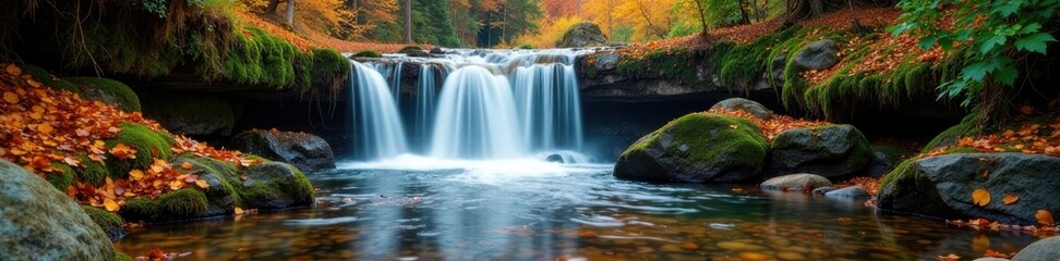 Fototapeta premium Rustic autumn waterfall cascading over moss-covered rocks , scenic view, brown, september