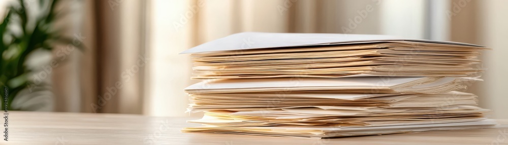 Poster stack of unorganized documents and papers on a desk with natural light and soft background