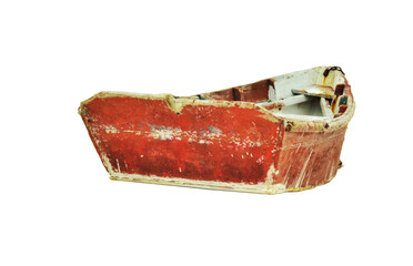 n old red wooden boat with peeling paint and visible wear, highlighting its rustic, timeworn...