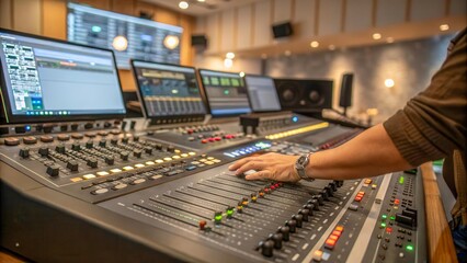 The fingers of a sound engineer carefully adjust the sliders on a professional audio mixer. The equipment is illuminated by soft studio lighting, emphasizing the details of the process.