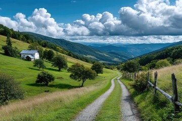 an old country road leading to a house, surrounded by green grass and rolling hills. The sky is blue with fluffy white clouds.