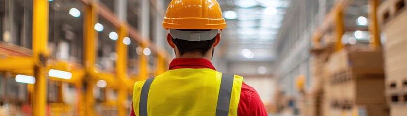 Warehouse Worker in Safety Gear Observing Stock with Yellow Hard Hat and Reflective Vest
