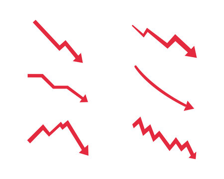 A Set of Red arrow going down stock icon. Statistic and data, bankruptcy, financial crisis, money loss, down arrow, economy reduction .Downtrend symbol. Chart going down sign on white background