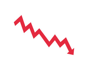 Red arrow going down stock icon. Statistic and data, bankruptcy, financial crisis, money loss, down arrow, economy reduction . Graph chart downtrend symbol. Chart going down sign on white background