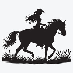 Silhouette cowgirl riding horse. Vector stock illustration