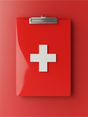 Fototapeta premium Medical Clipboard: A striking, minimalist image of a red clipboard, emblazoned with a prominent white cross. Perfect for healthcare, medical, and wellness applications.