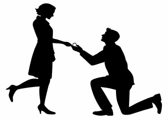 Man kneeling and proposing to a woman vector silhouette.