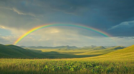 Fototapeta premium Vibrant Rainbow over Rolling Green Hills and Fields