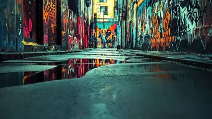 Vibrant urban alleyway reflecting colorful graffiti and buildings, showcasing street art culture - Powered by Adobe