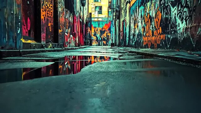 Vibrant urban alleyway reflecting colorful graffiti and buildings, showcasing street art culture