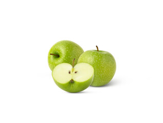 Green fresh apple fruit isolated with cut in a half. Whole apples and a half