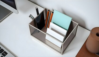 Obraz premium desk with a keyboard and a computer on it