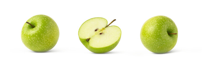 Green apples collection. Granny smith apple and cut in a half set isolated