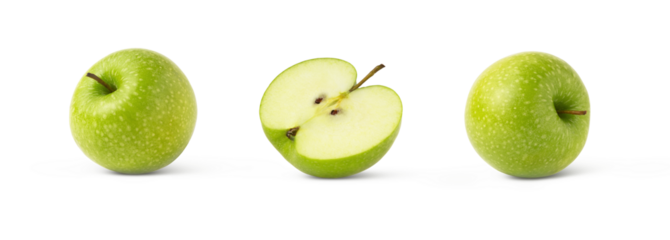 Green apples collection. Granny smith apple and cut in a half set isolated
