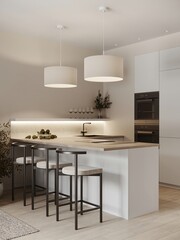 Wooden kitchen room with dining table and bar chairs, parquet floor. Kitchen open space room near living room area with bookshelf, wooden light furniture, 3D rendering no people