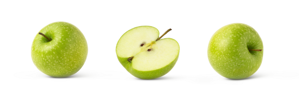 Green apples collection. Granny smith apple and cut in a half set isolated