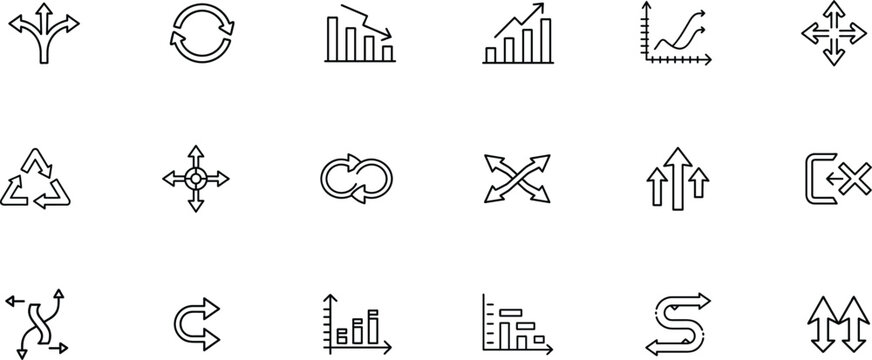 Direction editable outline icon set. Arrow, growth, chart, path, analytics and more.