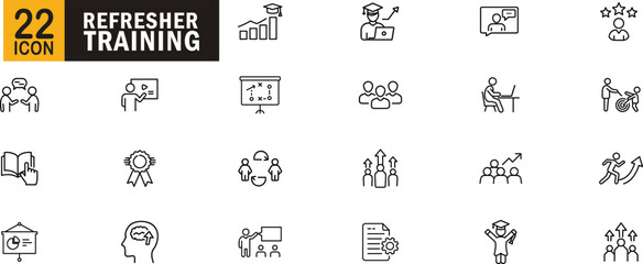 Refresher training editable outline icon set. Education, goal, teamwork, achievement, learning and more.