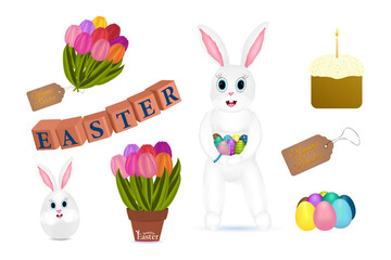 Festive Easter 3D clip art set featuring a Easter bunny, colorful eggs, potted cactus and tulips, bouquet of flowers, holiday cake, and decorative tags. Collection is perfect for seasonal designs.