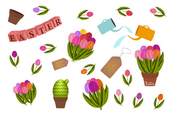 3D clip art set featuring potted cactus and colorful tulips, bouquets of flowers, watering cans, Easter tags, and festive springtime elements. Perfect for gardening, spring and holiday themes.