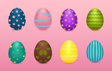 3D clip art set of ornate Easter eggs painted in pastel colors and ornamented with stars, flowers, zigzag, waves, bows, beads, stripes and paint spots. Collection on a pink gradient background.