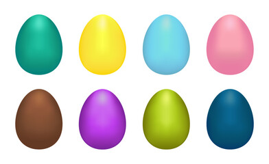 3D clip art set of Easter eggs painted in pastel colors - turquoise, yellow, blue, pink, chocolate brown, purple, green and cyan. Collection on white background.