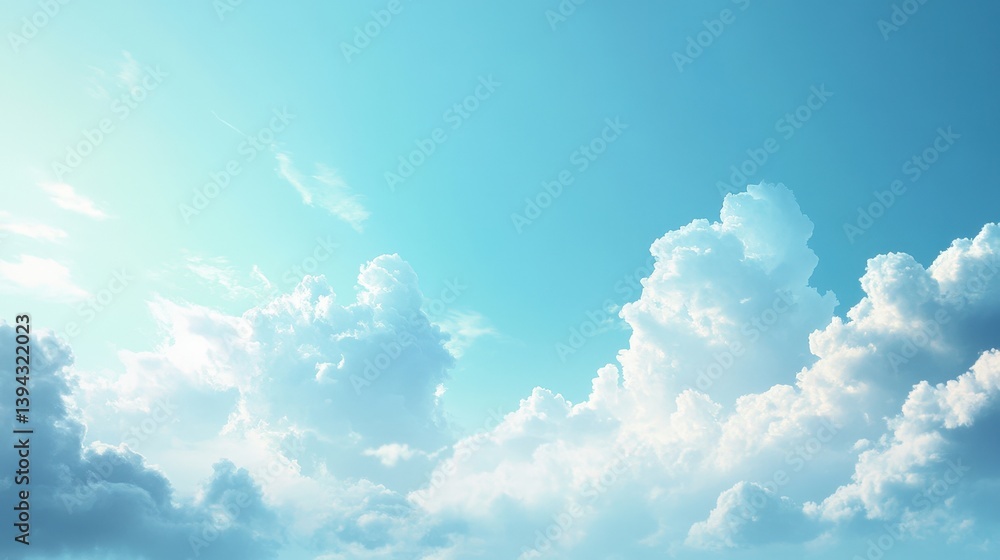 Poster a serene sky filled with fluffy clouds against a bright blue backdrop, creating a calming and tranqu