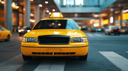Taxi waiting for passengers at busy airport terminal with gps navigation urban environment daytime view