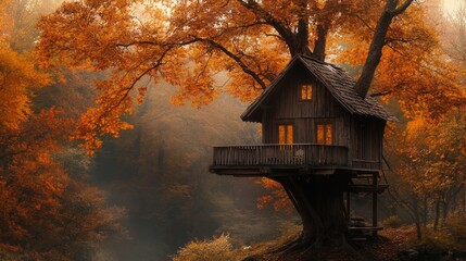 Family adventure in a tree house holiday travel in an autumn forest room