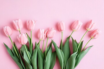 Beautiful composition spring flowers. Bouquet of pink tulips flowers on pastel pink background. Valentine's Day, Easter, Birthday, Happy Women's Day, Mother's Day. Flat lay, top view, copy space