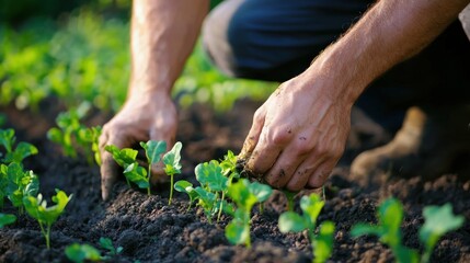 A farmer planting rows of young crops in spring.