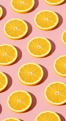 A vibrant pattern of juicy orange slices arranged on a soft pink background, radiating summer sunshine and a refreshing, zesty mood.