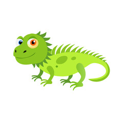 Naklejka premium Green cartoon iguana walking in flat vector style