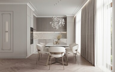 Wooden kitchen room with dining table and bar chairs, parquet floor. Kitchen open space room near living room area with bookshelf, wooden light furniture, 3D rendering no people