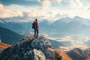 Fototapeta premium Person in Red Jacket on Mountain Peak with Autumn Valley View