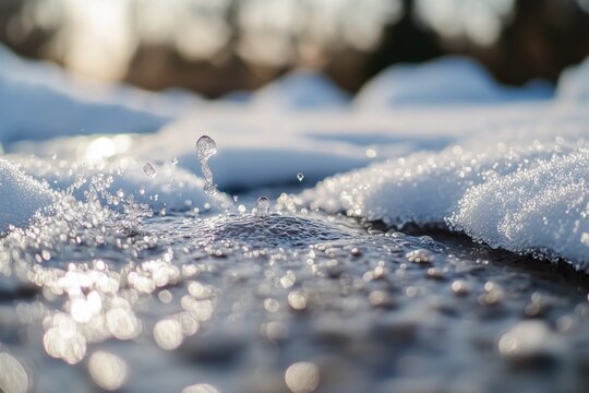 A close-up view of winter snow melting, with water droplets forming small streams.