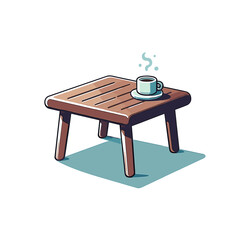 Wooden coffee table with steaming cup. Perfect for home furniture marketing, interior design concepts, living room decoration ideas, or cozy lifestyle illustrations.