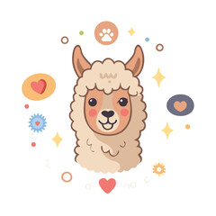 Smiling cartoon llama head with hearts and flowers