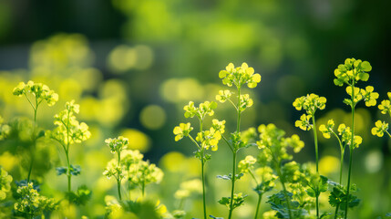 Fototapeta premium Whispers of Summer: Delicate yellow flowers dance in the soft breeze, basking in the warm sunlight, showcasing the gentle beauty of nature's blooms.