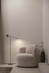 A close-up of a space on a minimalist round wooden coffee table in a comfortable Scandinavian living room featuring a wooden armchair with a pillow by the window. 3d render, 3d illustration
