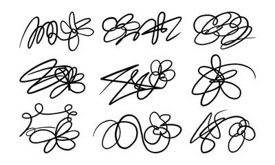 Whimsical Hand Drawn Floral Scribble. A playful collection of 9 abstract flower scribbles with dynamic loops, bold lines, and expressive petal shapes in black line art style