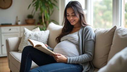 A joyful pregnant woman sits comfortably on a soft sofa, engrossed in a book while showcasing her beautiful baby bump. The warm, inviting atmosphere of the room, filled with natural light and greenery