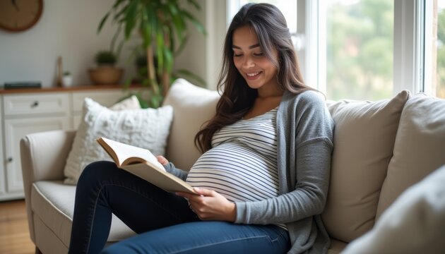 A joyful pregnant woman sits comfortably on a soft sofa, engrossed in a book while showcasing her beautiful baby bump. The warm, inviting atmosphere of the room, filled with natural light and greenery