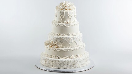 Elegant four-tier wedding cake decorated with lace and roses, perfect for a romantic celebration