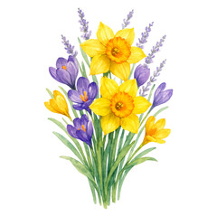Vibrant Watercolor Bouquet of Daffodils, Crocuses, and Lavender