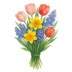 Spring Bouquet with Pink Tulips, Yellow Daffodils, and Purple Hyacinths