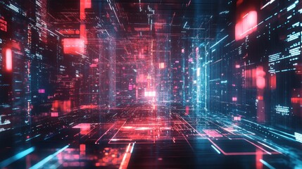 Fototapeta premium A cyberpunk-inspired digital background with glowing grids and floating holograms, --ar 16:9 --v 6.1 Job ID: 4a860670-44d8-4b7e-b9aa-952d090df82c